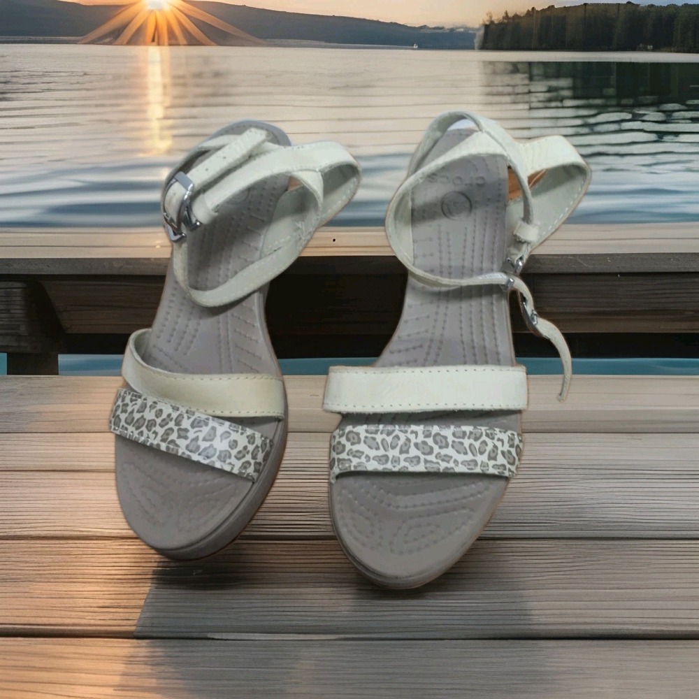 Crocs Leigh Wedge Sandals Women 9 Beige Brown Leopard Comfort Ankle Strap Shoes